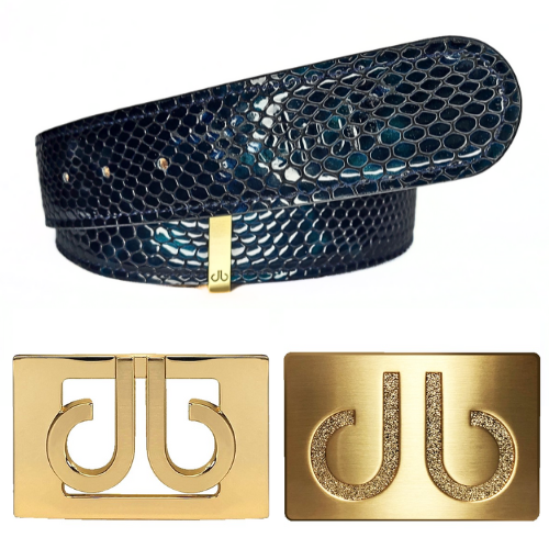 Druh Black Navy Snakeskin Leather Belt Including Two Buckles